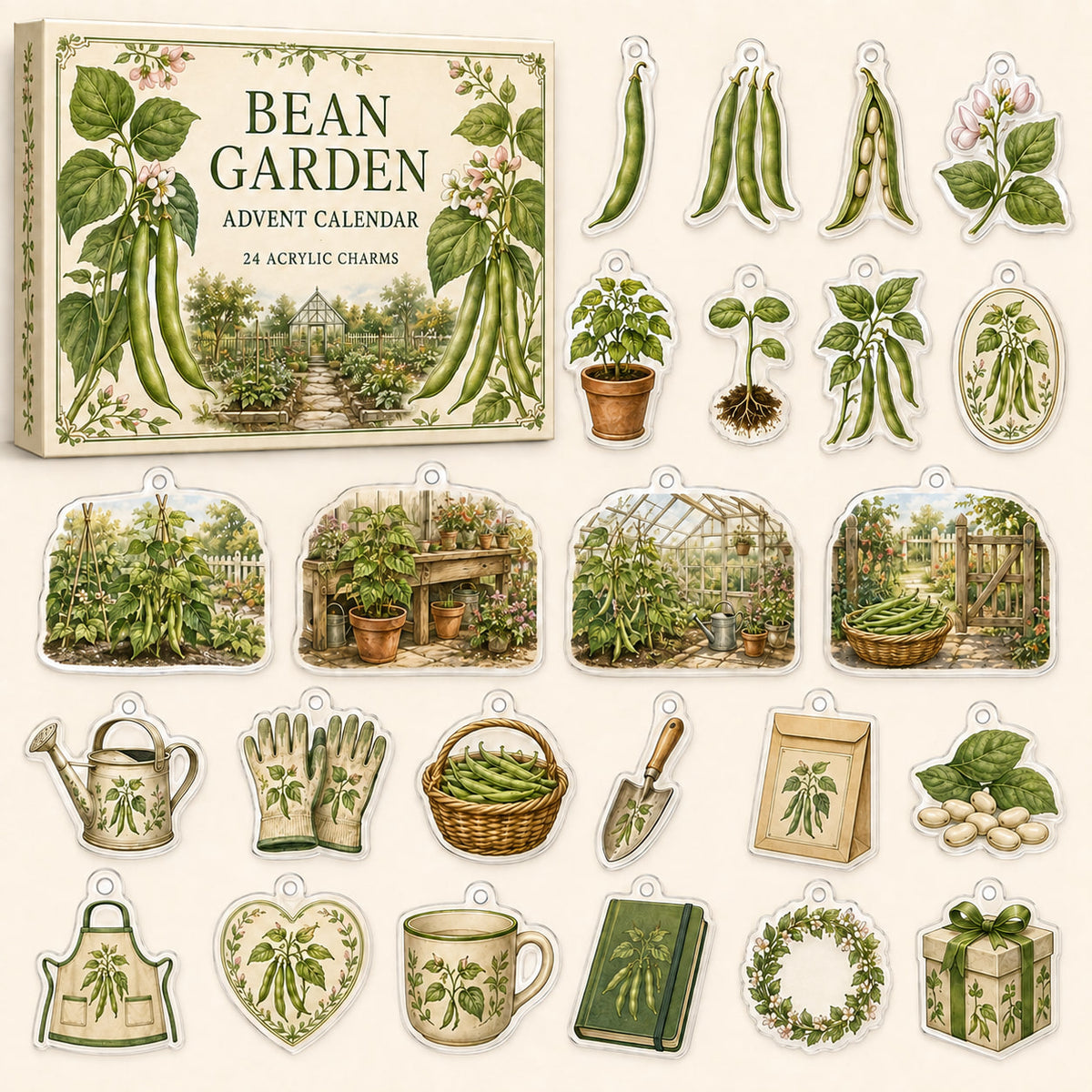 Bean Growing advent calendar box with24 printed acrylic vegetable-garden charms
