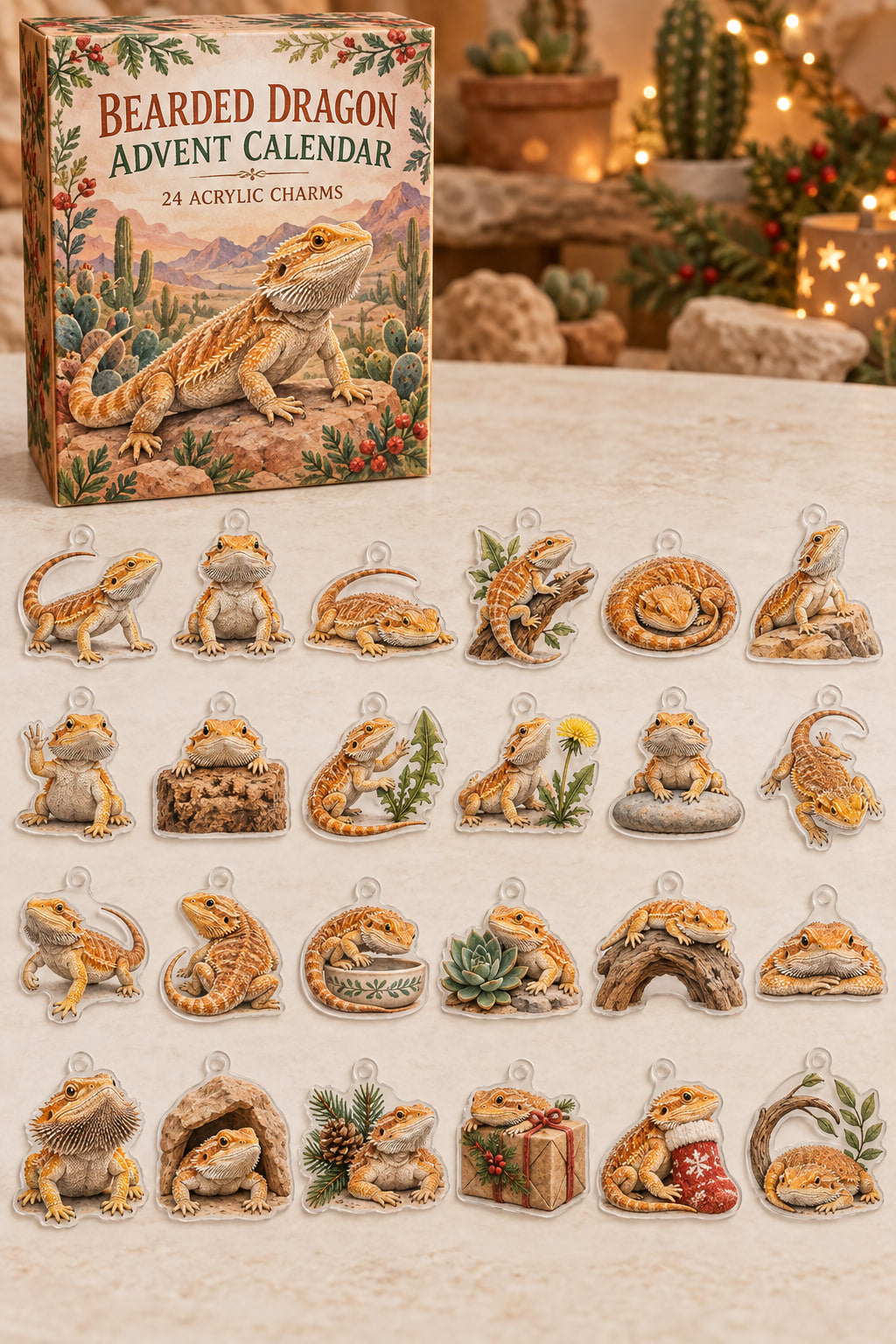 Bearded Dragon advent calendar with 24 custom-shaped flat acrylic charms and printed dimensional artwork
