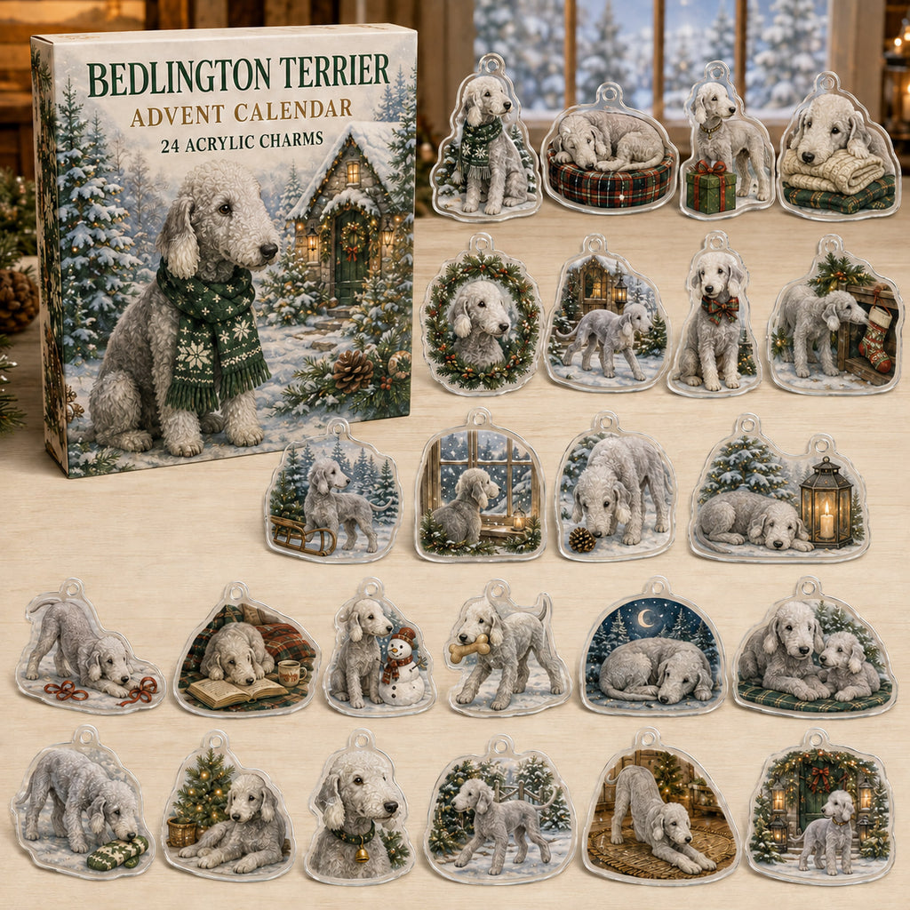 Bedlington Terrier advent calendar box and 24 illustrated acrylic charms displayed on an ivory tabletop in a winter setting