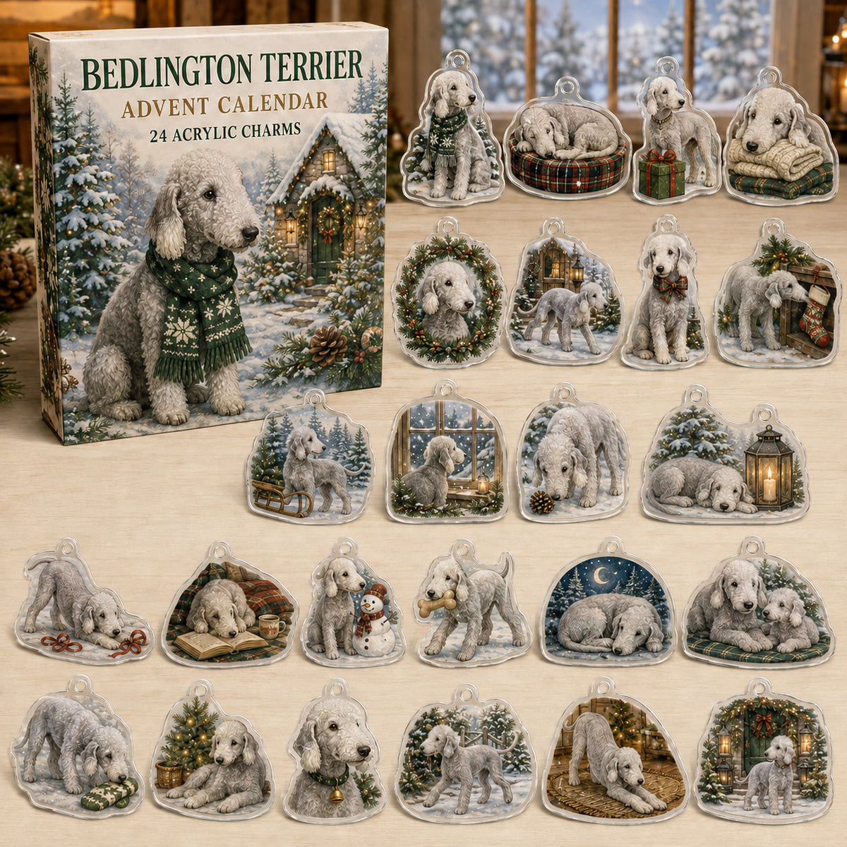Bedlington Terrier advent calendar box and 24 illustrated acrylic charms displayed on an ivory tabletop in a winter setting
