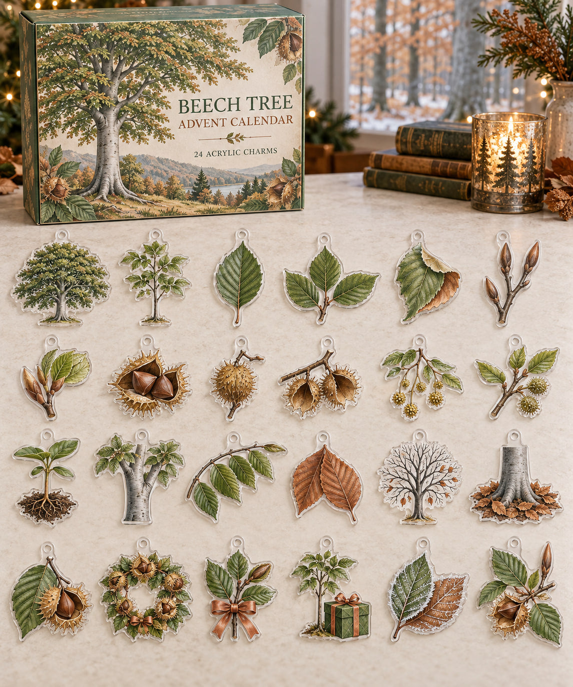 Beech Tree advent calendar with 24 custom-shaped flat acrylic charms and printed dimensional artwork