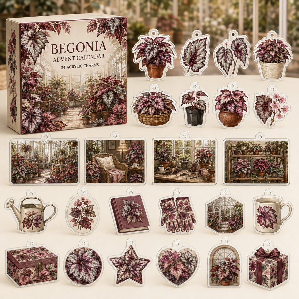 Begonia advent calendar box and 24 botanical-themed printed acrylic charms