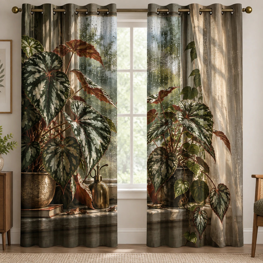 Begonia Rainy Window Window Curtains with printed dimensional artwork