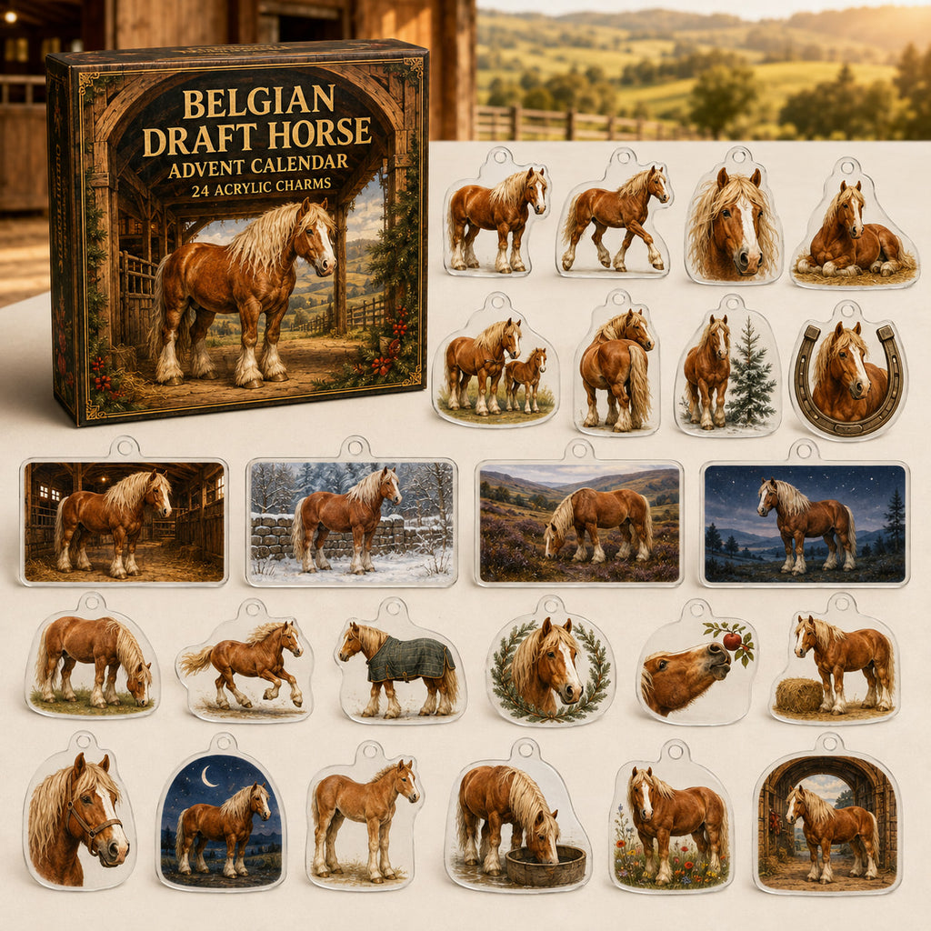 Belgian Draft Horse calendar box with 24 printed acrylic horse charms