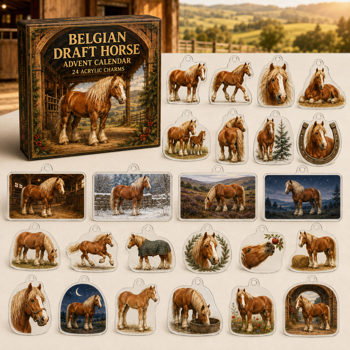 Belgian Draft Horse calendar box with 24 printed acrylic horse charms
