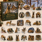 Belgian Malinois advent calendar box and 24 illustrated acrylic charms displayed on an ivory tabletop in a winter setting