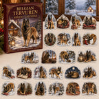 Belgian Tervuren advent calendar box and 24 illustrated acrylic charms displayed on an ivory tabletop in a winter setting