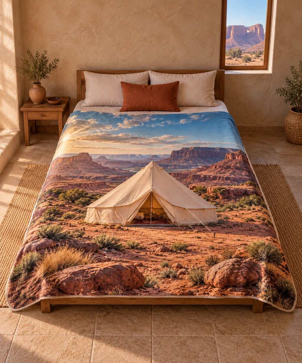 Bell tent and sandstone mesas, flat printed optical-depth fleece throw blanket.