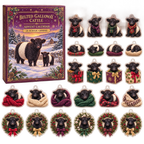 Belted Galloway Cattle advent calendar box and full set of 24 illustrated acrylic charms on a light tabletop