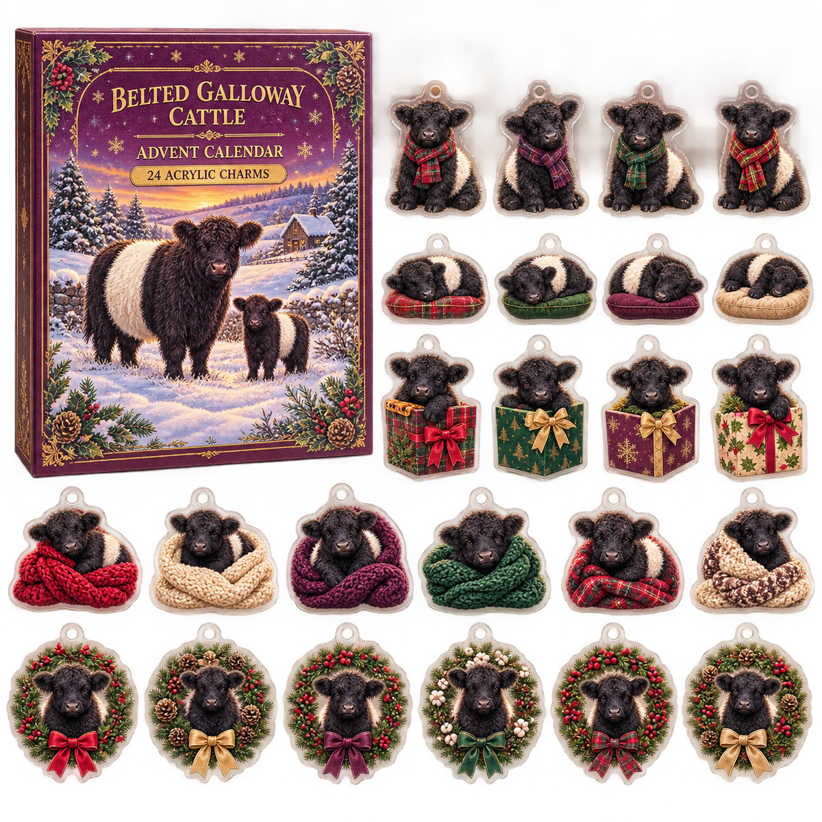 Belted Galloway Cattle advent calendar box and full set of 24 illustrated acrylic charms on a light tabletop