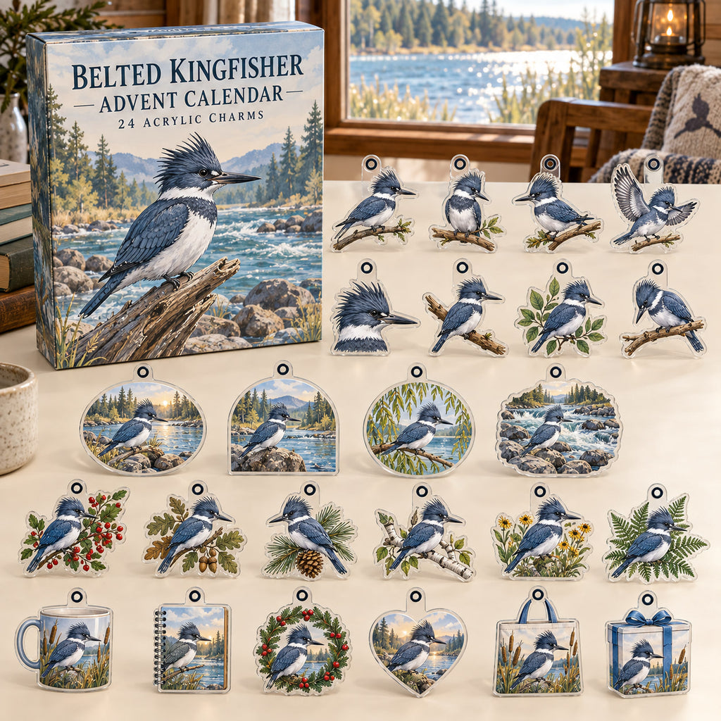 Belted Kingfisher advent calendar box with 24 themed flat printed acrylic charms