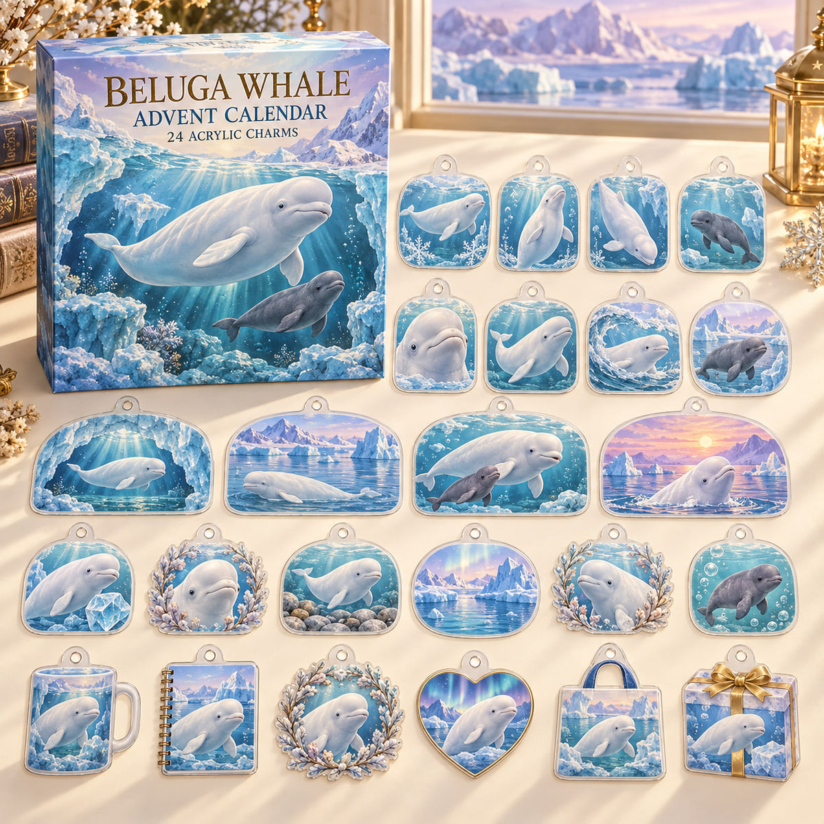 Beluga Whale advent calendar box and24 themed flat printed acrylic charms