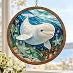 Beluga Whale Coastal Holiday Wood & Acrylic Suncatcher with printed dimensional artwork
