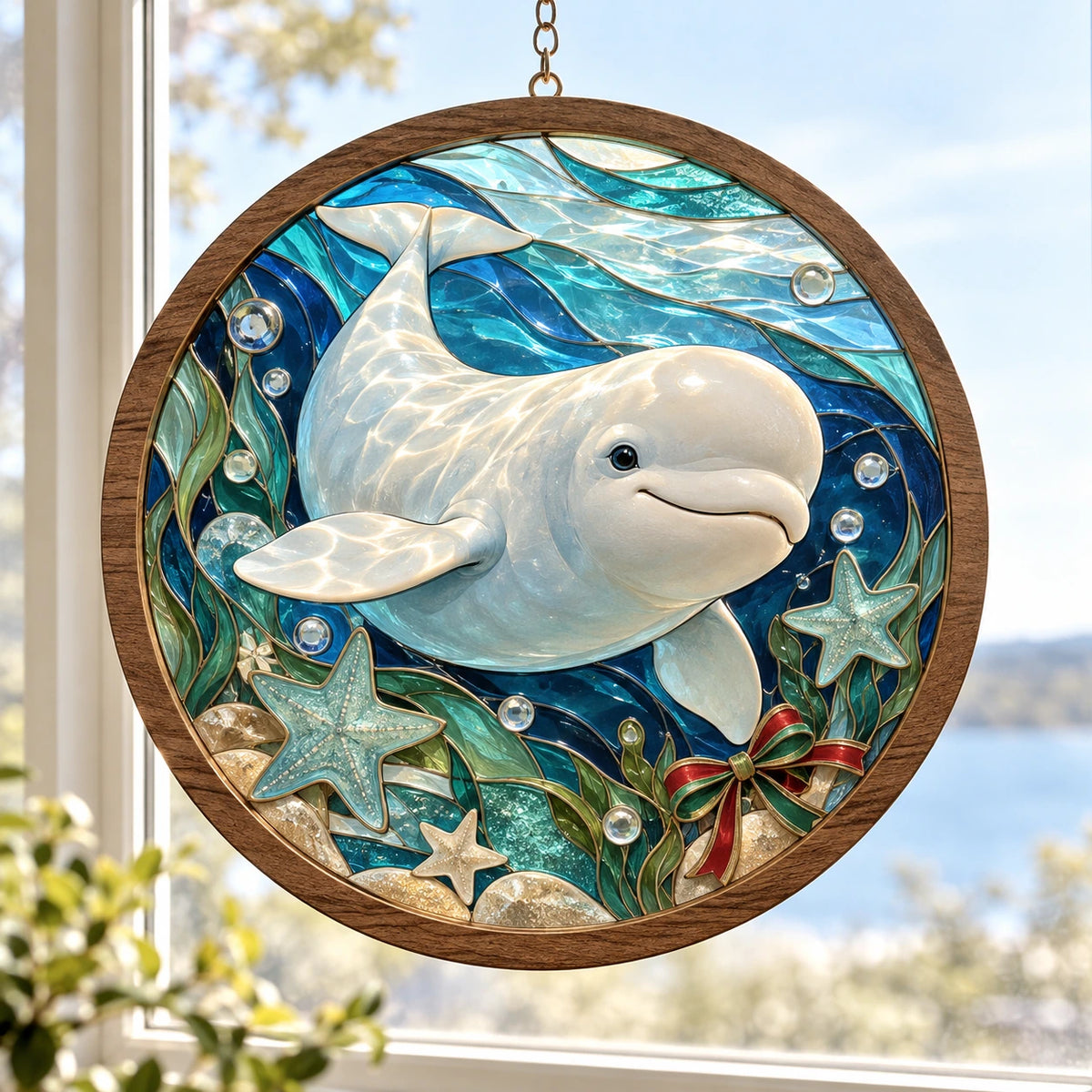 Beluga Whale Coastal Holiday Wood & Acrylic Suncatcher with printed dimensional artwork