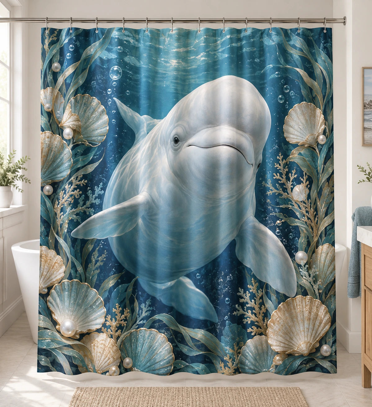 Beluga Whale Shell Cove Shower Curtain with printed dimensional artwork