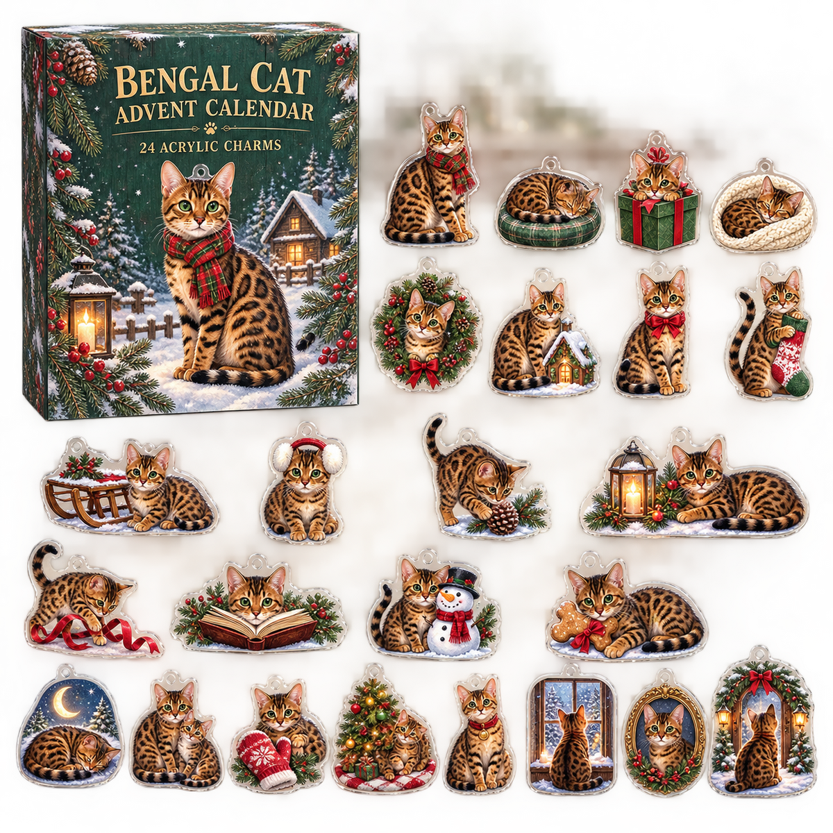 Bengal Cat advent calendar box and full set of 24 illustrated acrylic charms on a light tabletop