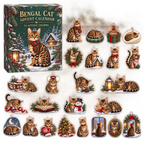 Bengal Cat advent calendar box and full set of 24 illustrated acrylic charms on a light tabletop