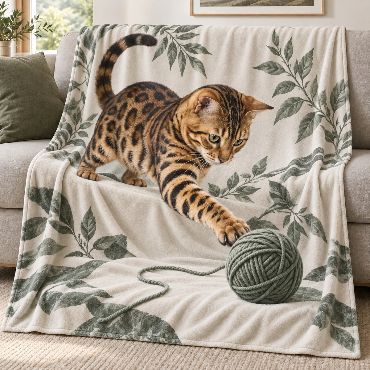 Bengal Cat Yarn Basket Fleece Blanket with printed dimensional artwork