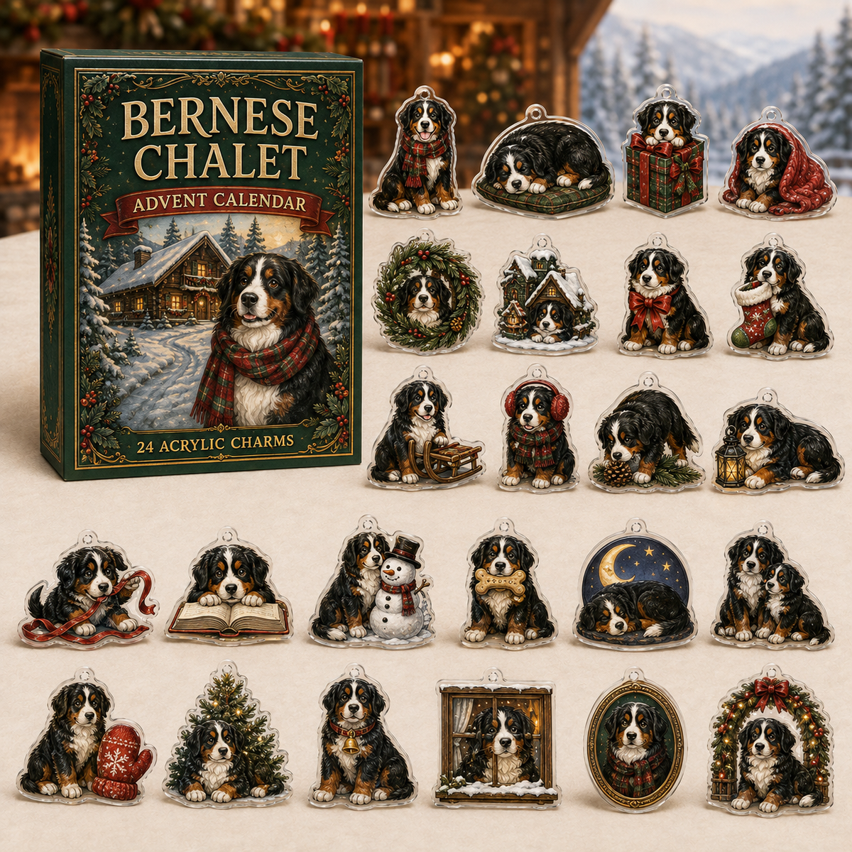 Bernese Mountain Dog Chalet advent calendar gift box with 24 illustrated acrylic charms arranged on a light tabletop