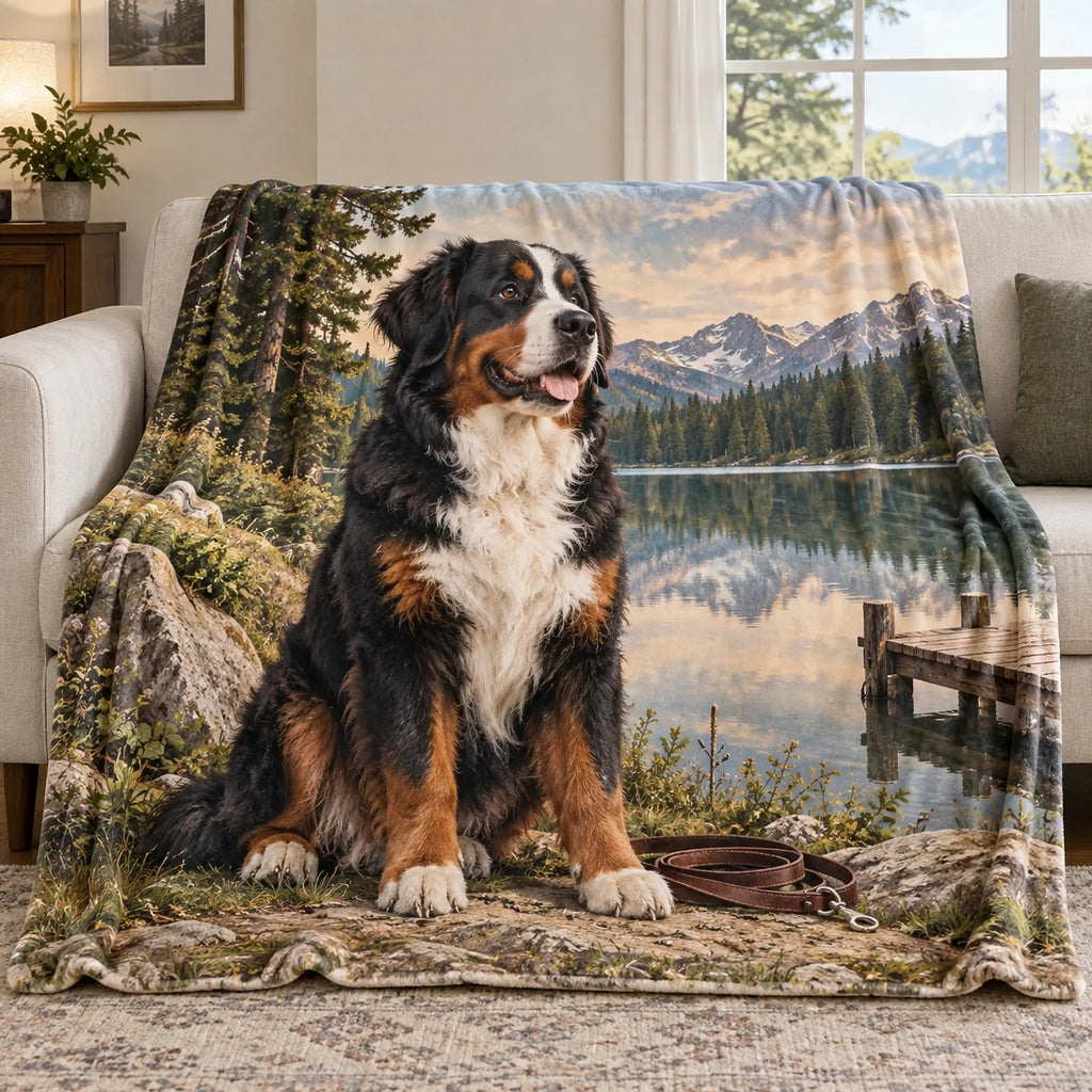Bernese Mountain Dog Lakeside Weekend Fleece Blanket with printed dimensional artwork