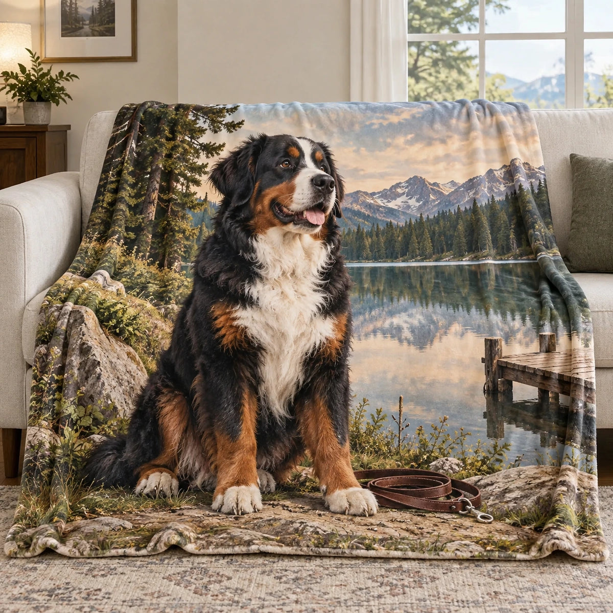 Bernese Mountain Dog Lakeside Weekend Fleece Blanket with printed dimensional artwork