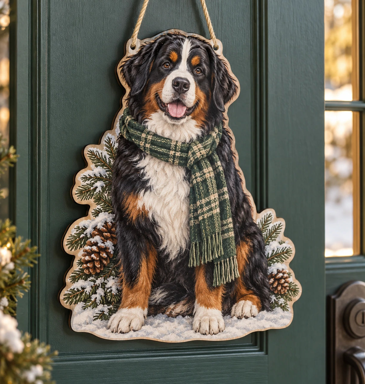 Bernese Mountain Dog Snowy Scarf Custom Shape Door Hanger with printed dimensional artwork
