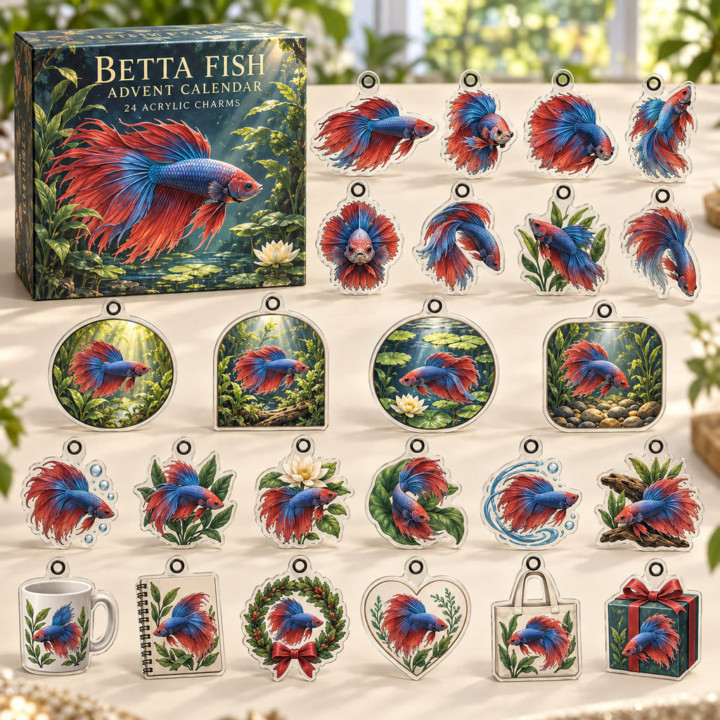 Betta Fish advent calendar box with 24 themed flat printed acrylic charms