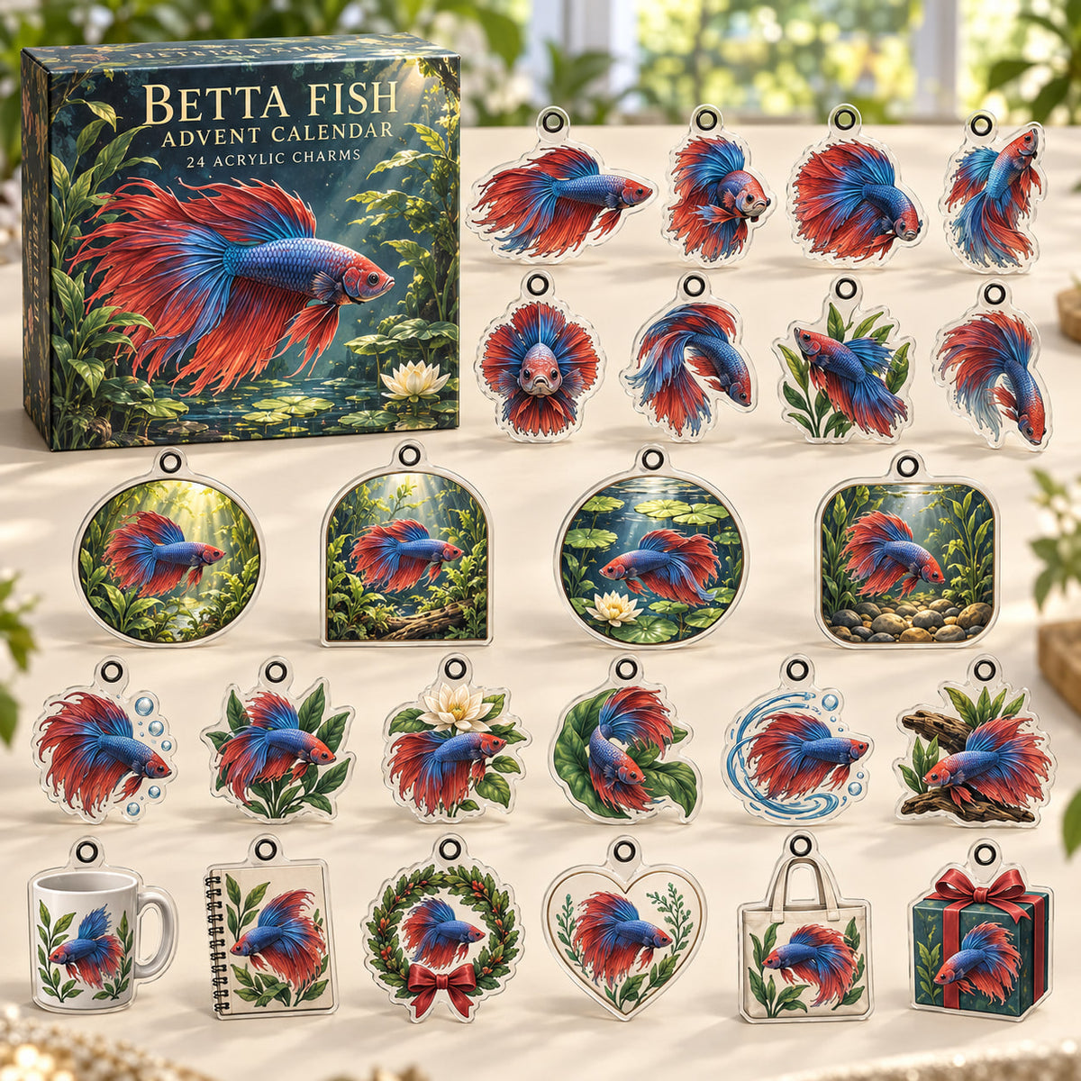 Betta Fish advent calendar box with 24 themed flat printed acrylic charms