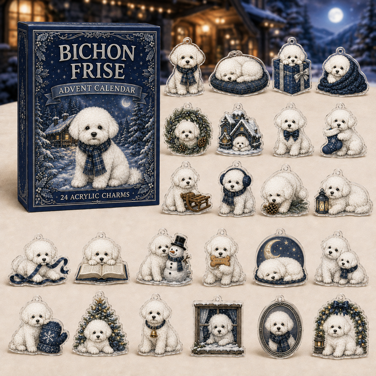 Bichon Frise advent calendar box and full set of 24 illustrated acrylic charms on a light tabletop
