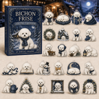 Bichon Frise advent calendar box and full set of 24 illustrated acrylic charms on a light tabletop