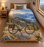 Touring bicycle and layered mountain pass, flat printed optical-depth fleece throw blanket.