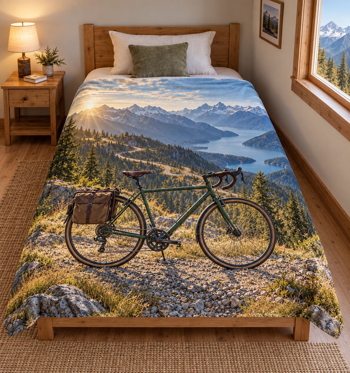 Touring bicycle and layered mountain pass, flat printed optical-depth fleece throw blanket.