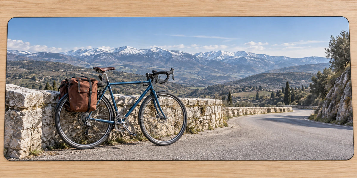 Bicycle Touring Route Break Desk Mat with printed pannier bicycle and stone-road depth