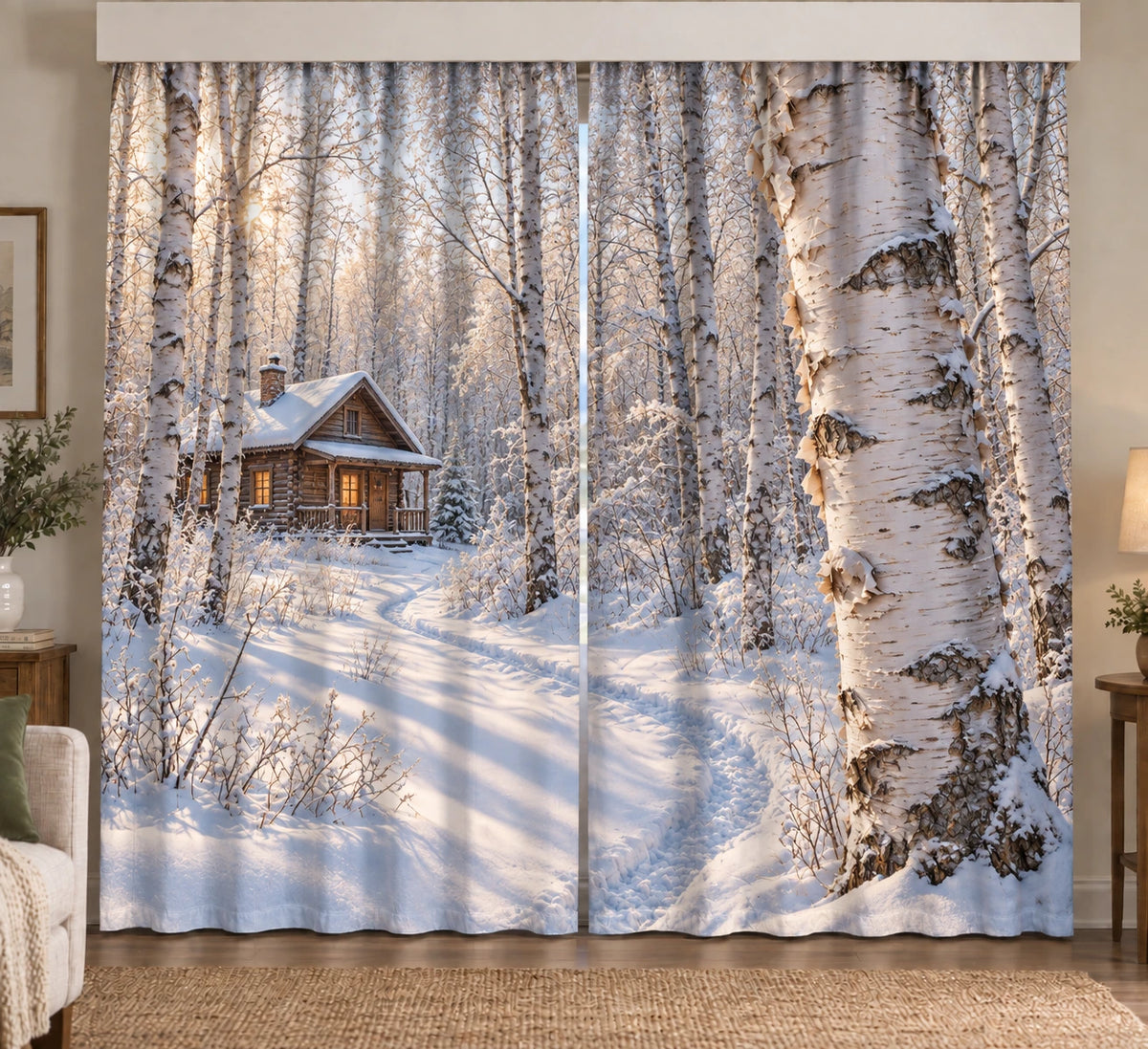 Birch Grove Cabin Snow Path Window Curtain Pair with printed white bark and winter path depth