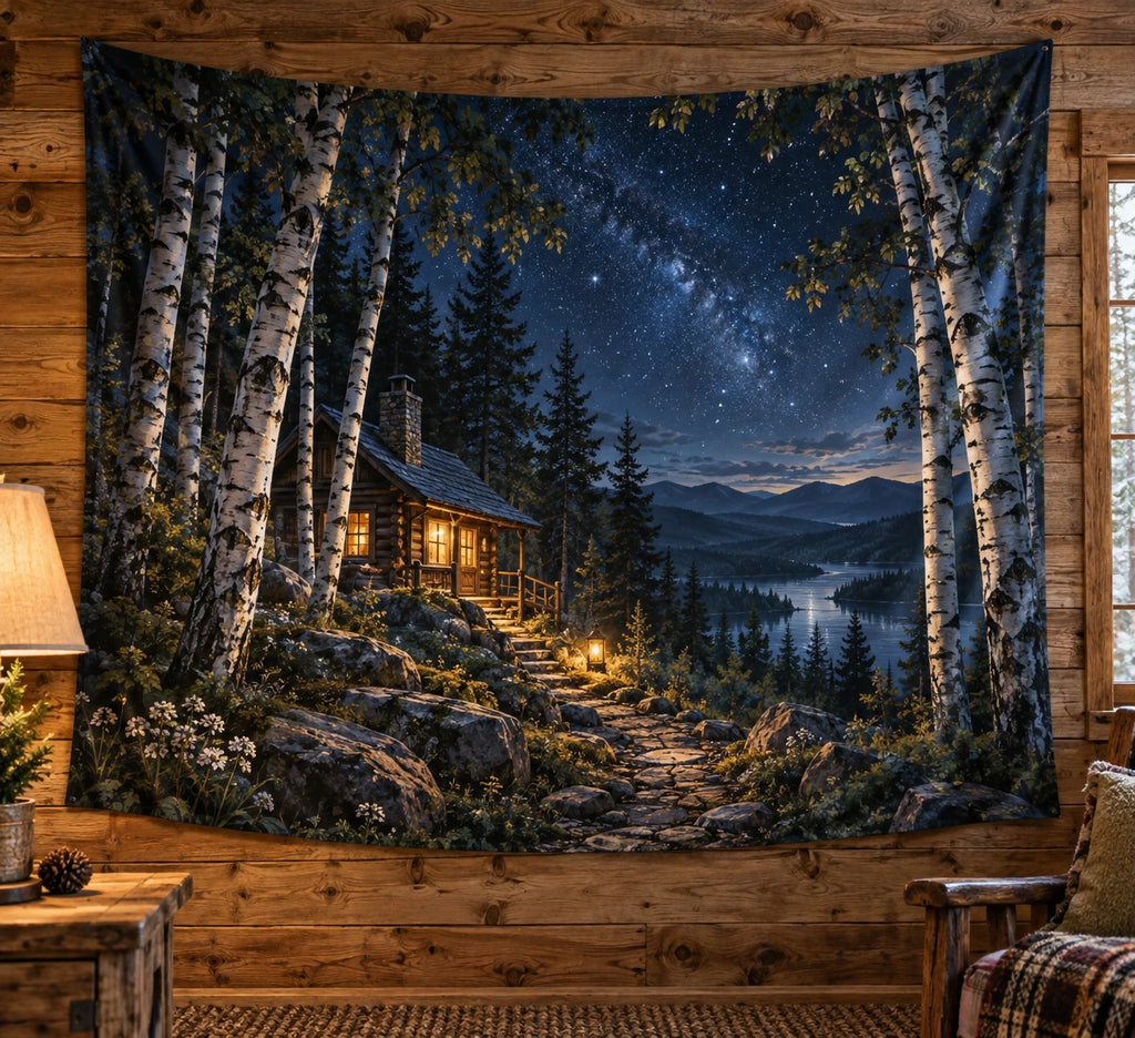 Birch Grove Cabin Starlight Retreat Wall Tapestry with printed dimensional artwork