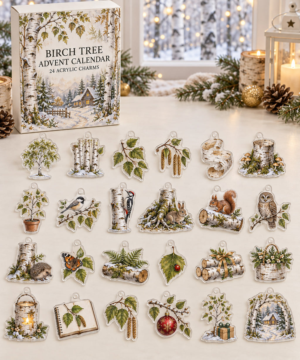 Birch Tree advent calendar with 24 custom-shaped flat acrylic charms and printed dimensional artwork