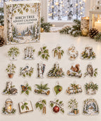 Birch Tree advent calendar with 24 custom-shaped flat acrylic charms and printed dimensional artwork
