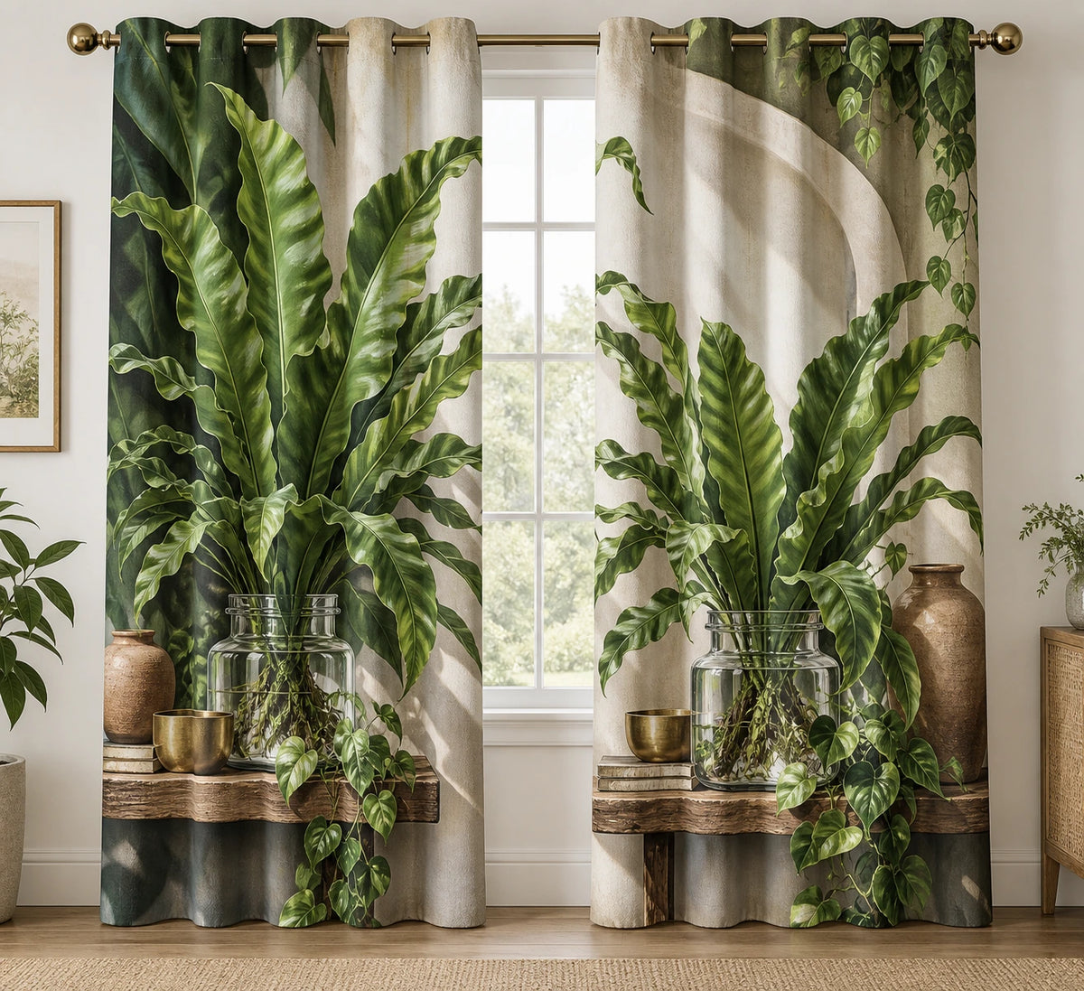 Bird Nest Fern Propagation Shelf Window Curtains with printed dimensional artwork