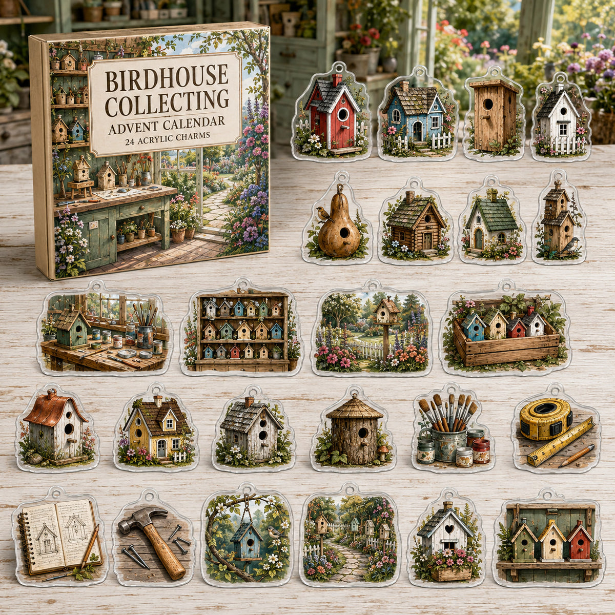 Birdhouse Collecting advent calendar box and 24 printed acrylic charms