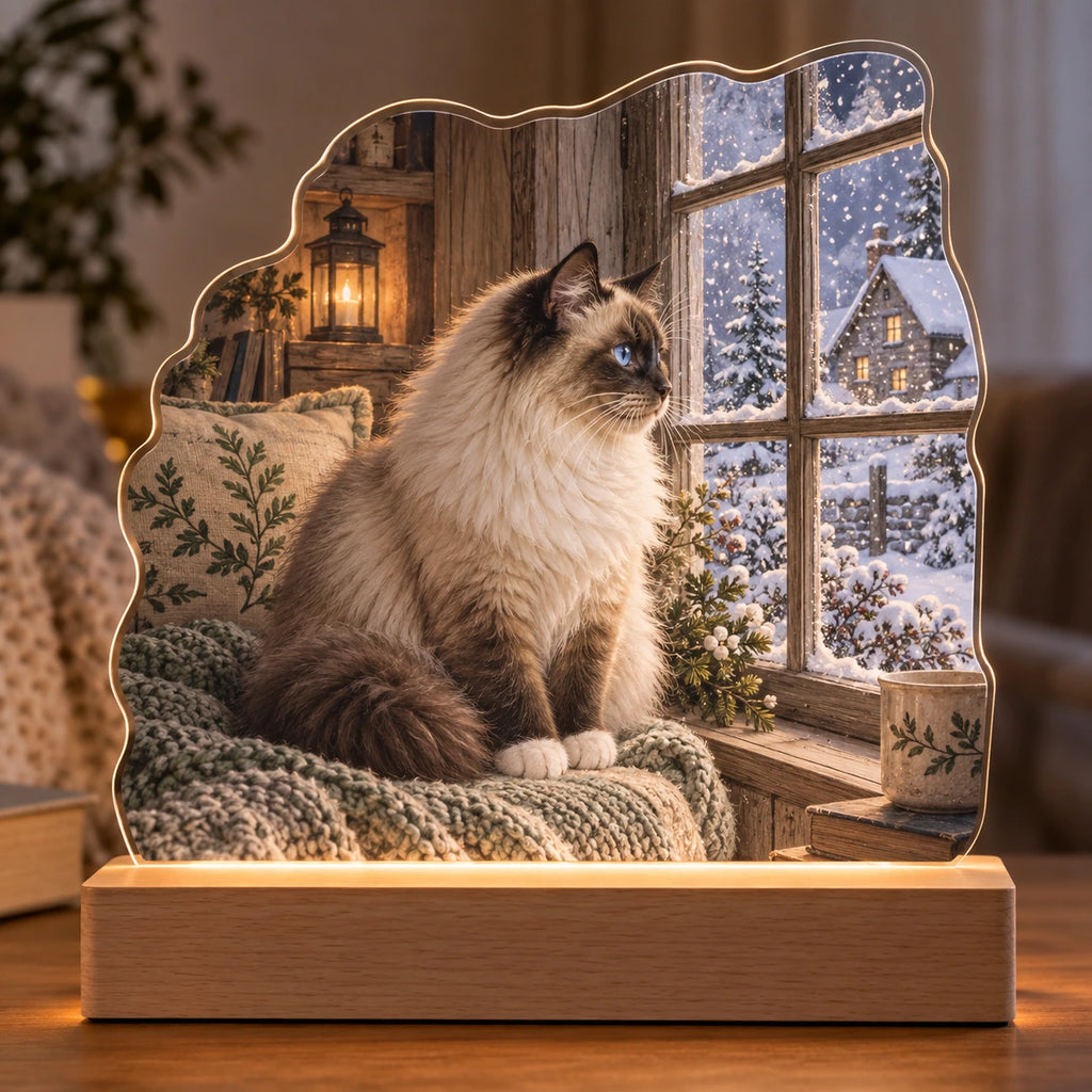 Birman Cat Snow Globe View Acrylic Night Light with printed dimensional artwork