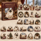 Birman Cat advent calendar box and 24 illustrated acrylic charms displayed on an ivory tabletop in a winter setting