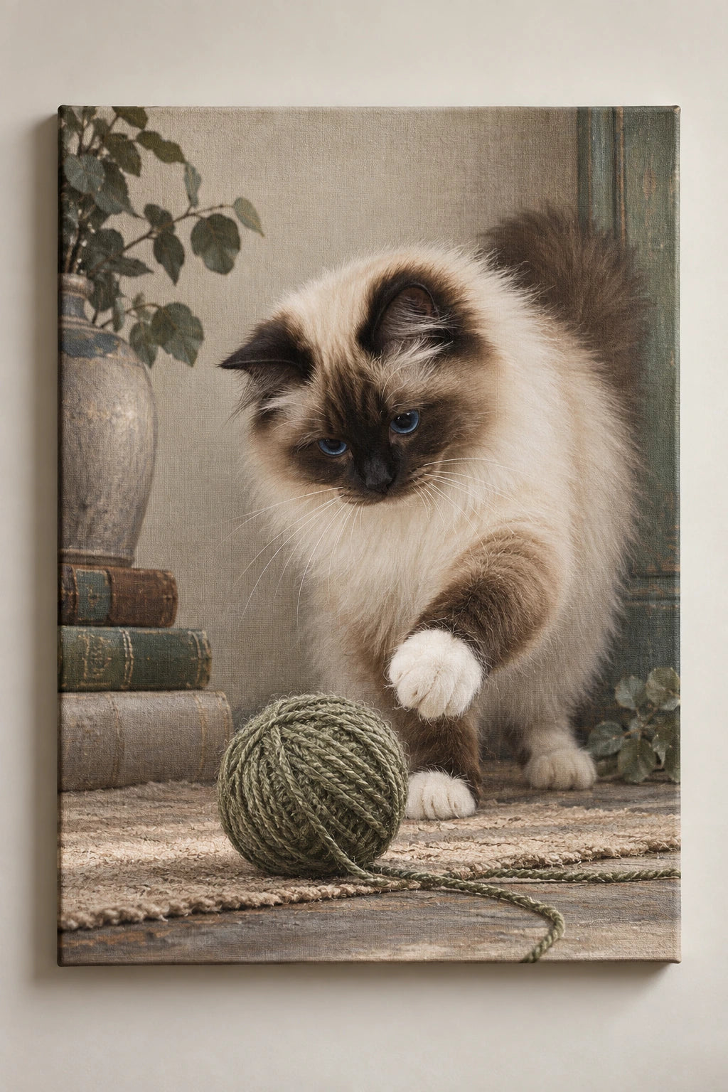 Birman Cat Yarn Basket Canvas Wall Art with printed dimensional artwork
