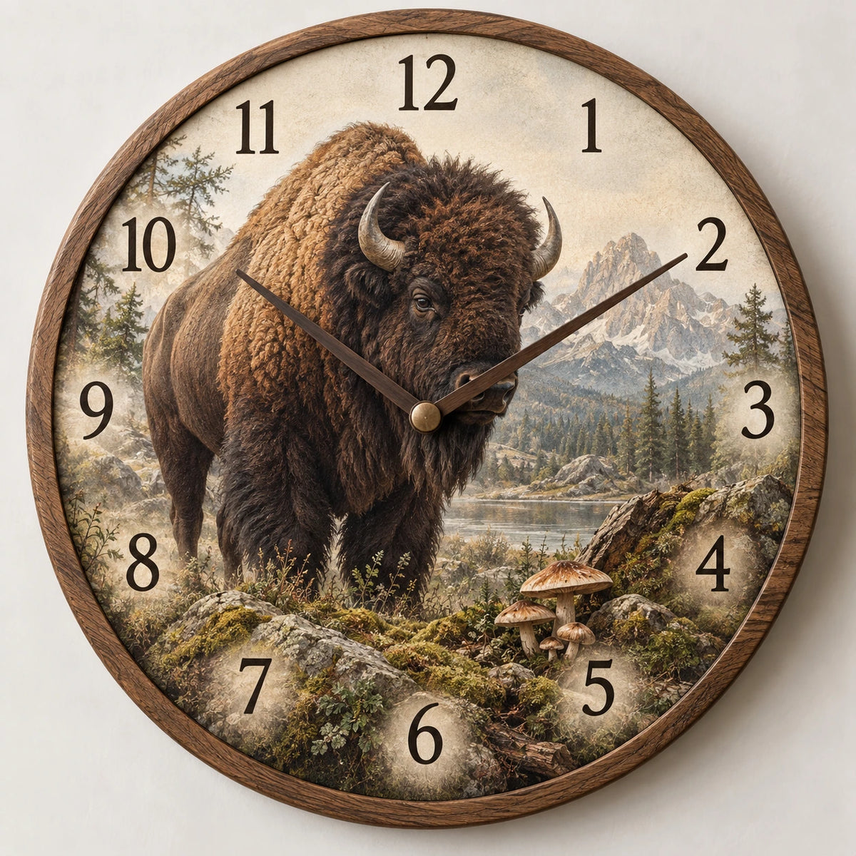 Bison Mushroom Hollow Wooden Wall Clock with printed dimensional artwork