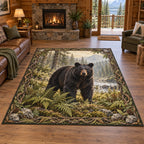 Complete rectangular rug with forest-root and fern border, black bear foreground and misty woodland water beyond.