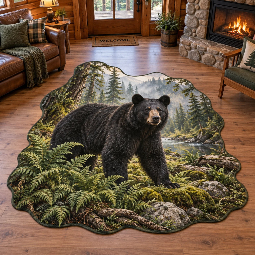 Complete custom outline with dark binding around a black bear, foreground ferns and deep wooded river landscape.