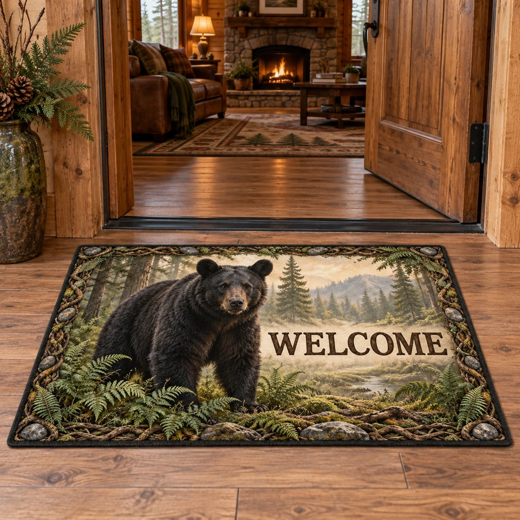 Complete rectangular doormat with correct WELCOME, black bear and fern clearing enclosed by root and stone motifs.