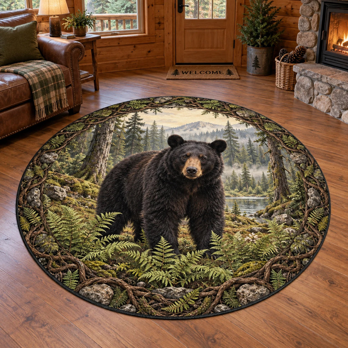 Complete round rug with intertwined branch, rock and fern ring; black bear stands in a shaded forest clearing.
