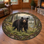 Complete round rug with intertwined branch, rock and fern ring; black bear stands in a shaded forest clearing.
