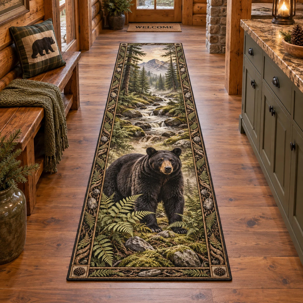 Complete runner with fern-and-root border; black bear before a winding stream and distant mountain forest.