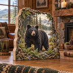 Complete three-panel wood block with two contour-following side joins and continuous black bear forest print framed by roots and ferns.